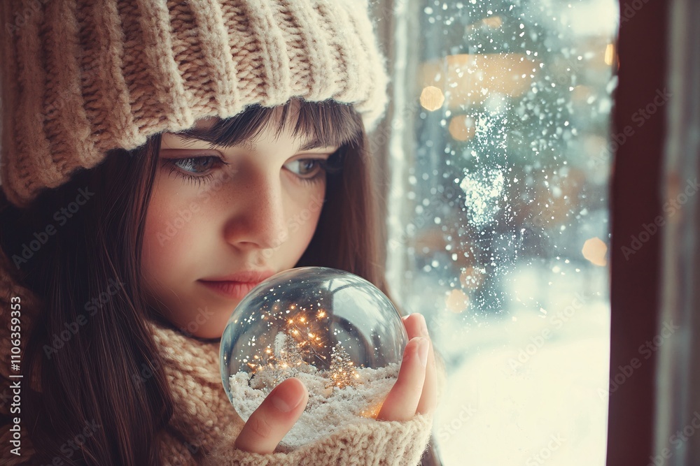 Naklejka premium A vintage-style girl wearing a knitted hat and scarf, holding a snow globe, standing next to a snowy window with Christmas decorations, soft light reflecting the holiday spirit 1