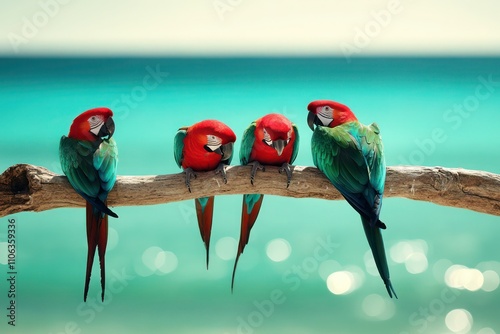 Pacific parrots clinging to a driftwood branch above turquoise tropical waters.