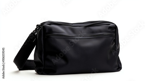 A sleek black leather bag with a stylish zipper and adjustable strap, perfect for everyday use or travel