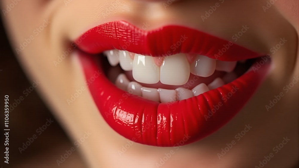 Bright red lipstick enhances a joyful smile against a soft, blurred background in natural light Bright red lipstick enhances a joyful smile against a soft, blurred background in natural light