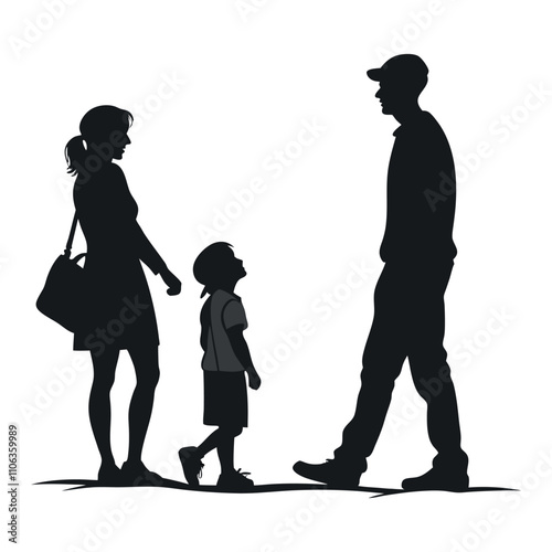 Elegant silhouette of a family of four holding hands, capturing the essence of unity and love. Ideal for designs that celebrate togetherness, harmony, and familial bonds