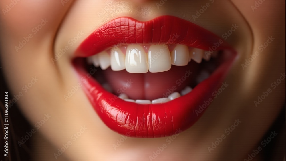Obraz premium Bright red lipstick enhances a joyful smile against a soft, blurred background in natural light