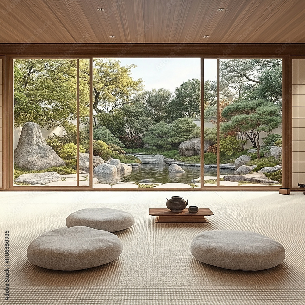 a room for meditation, Zen, with huge ceiling down to floor windows, beautiful Zen garden outside a room for meditation, Zen, with huge ceiling down to floor windows, beautiful Zen garden outside