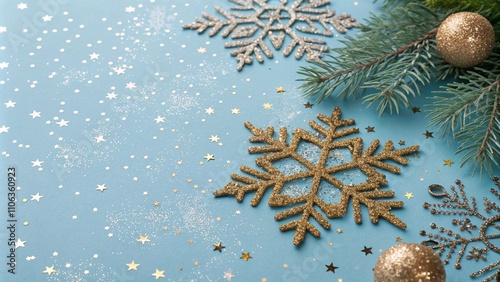 Blue Christmas background featuring delicate snowflakes and sparkling gold sequins, perfect for festive designs. Generative AI illustration for Merry Christmas, Winter Holiday, and New Year. photo