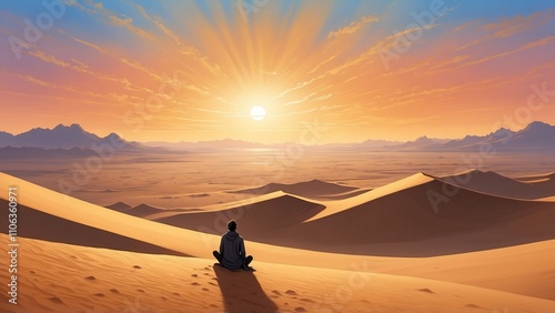 Man meditating in serene sunset over desert landscape, reflecting tranquility and beauty