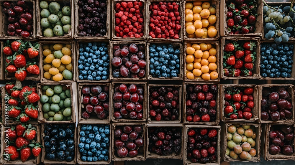 A vibrant display of fresh berries at an outdoor farmers' market, with strawberries, blueberries, and cherries neatly arranged in rows on boxes A vibrant display of fresh berries at an outdoor farmers' market, with strawberries, blueberries, and cherries neatly arranged in rows on boxes