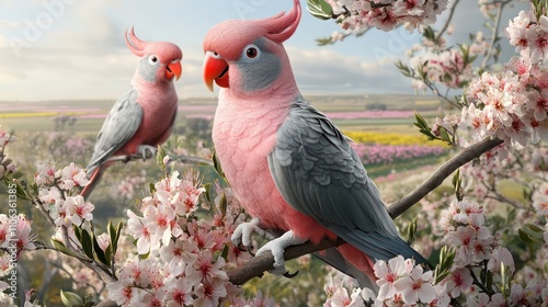 Pink and grey Galahs in a blooming almond tree, with fields of wildflowers in the distance.