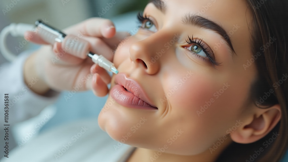 Aesthetic lip treatment in a serene clinic setting with a focused woman receiving care