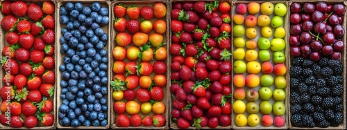 A vibrant display of fresh berries at an outdoor farmers' market, with strawberries, blueberries, and cherries neatly arranged in rows on boxes