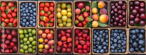 A vibrant display of fresh berries at an outdoor farmers' market, with strawberries, blueberries, and cherries neatly arranged in rows on boxes