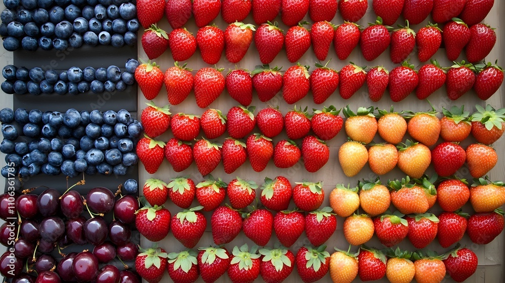 A vibrant display of fresh berries at an outdoor farmers' market, with strawberries, blueberries, and cherries neatly arranged in rows on boxes A vibrant display of fresh berries at an outdoor farmers' market, with strawberries, blueberries, and cherries neatly arranged in rows on boxes