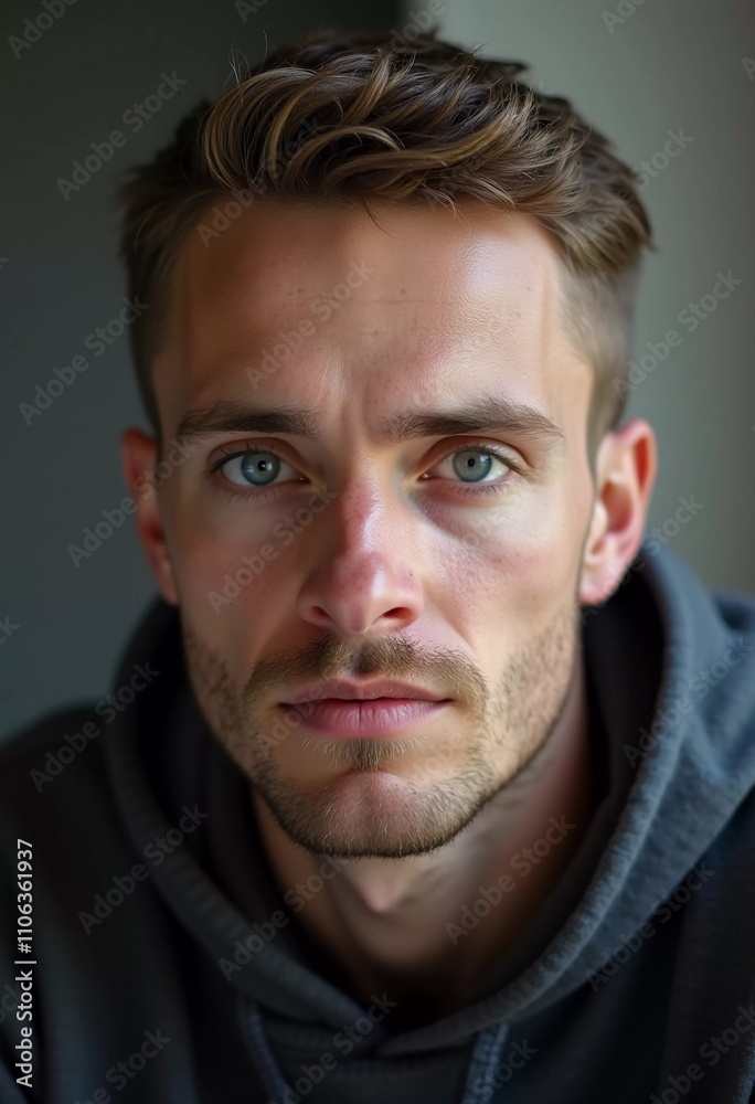 A young man from Russia gazes directly at the viewer with striking blue eyes. Tousled hair and relaxed expression. Introspection and tranquility. Portrait of a handsome man of 30 years. Generative AI