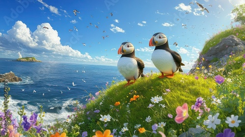 Puffins on a grassy hill above the ocean, surrounded by blooming wildflowers.
