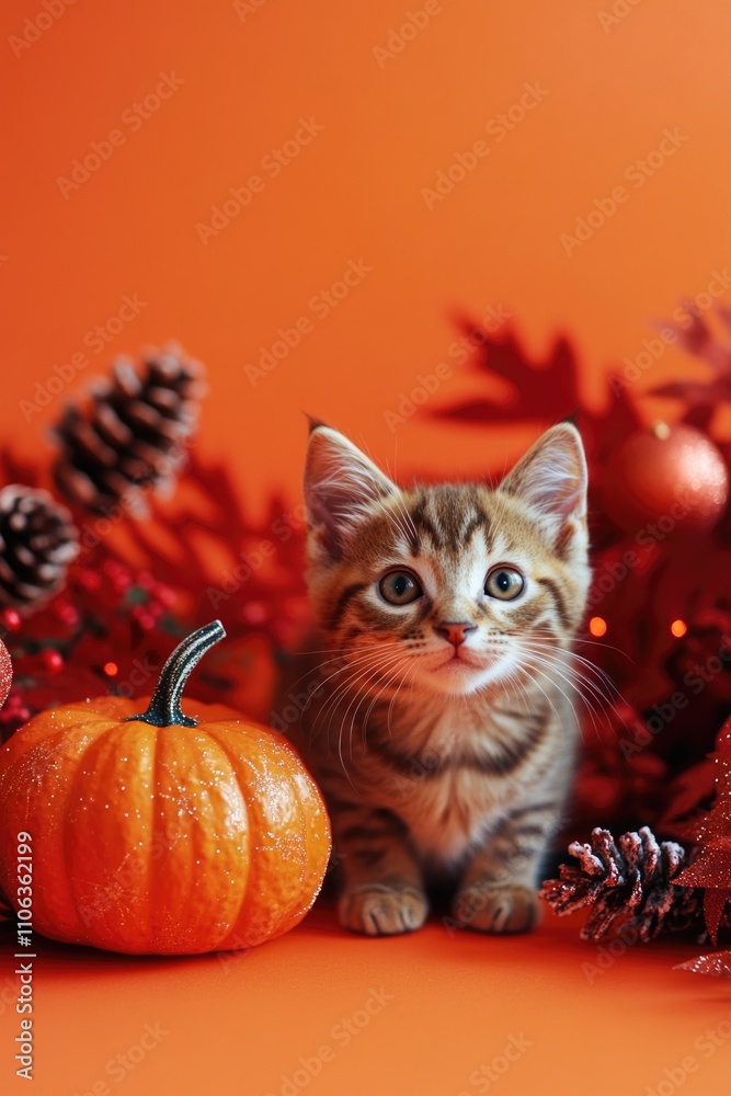 A curious kitten sits beside a decorative pumpkin and pine cones