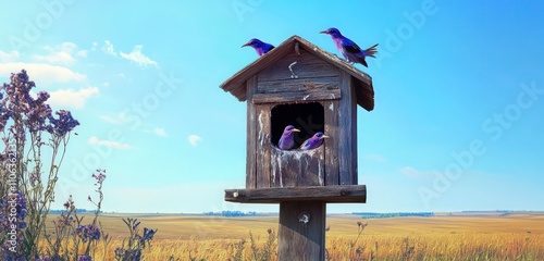 Purple martins in a rustic birdhouse, surrounded by open fields under a clear blue sky. photo