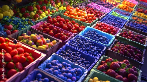 A vibrant display of fresh berries at an outdoor farmers' market, with strawberries, blueberries, and cherries neatly arranged in rows on boxes