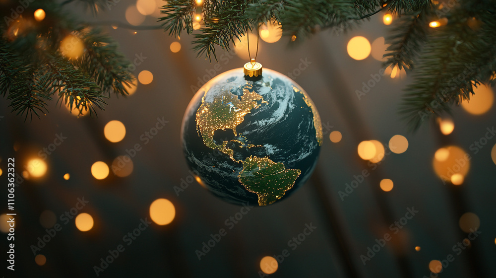 Obraz premium Global Christmas Ornament Earth on a Festive Tree Branch