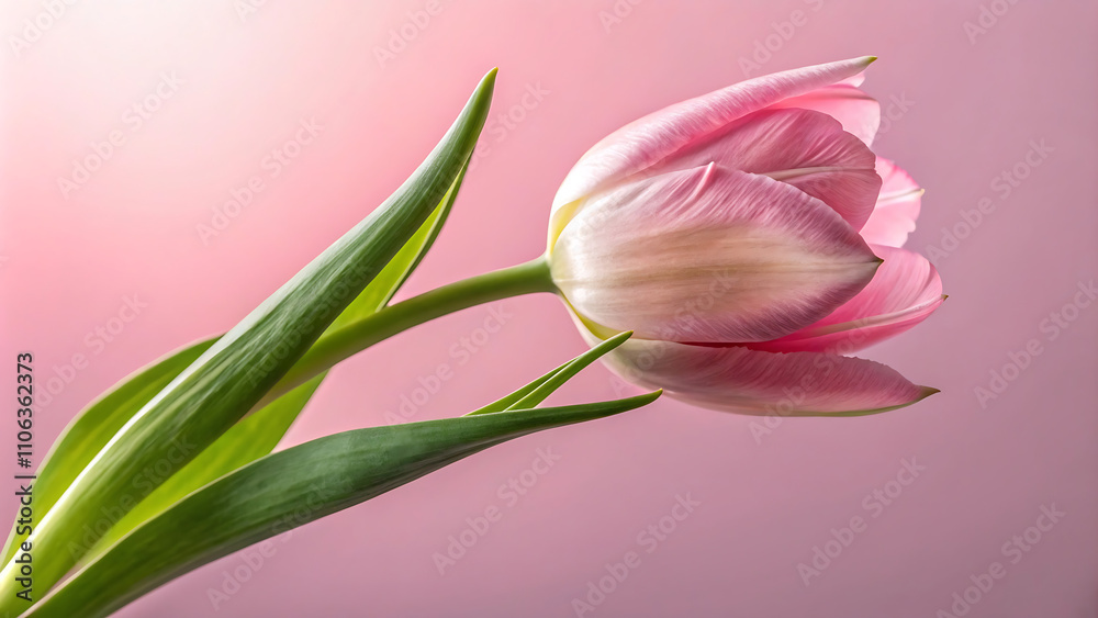 A single pink tulip with lush green leaves gracefully leaning against a soft pink gradient background. A delicate and minimalist floral composition symbolizing beauty and elegance. A single pink tulip with lush green leaves gracefully leaning against a soft pink gradient background. A delicate and minimalist floral composition symbolizing beauty and elegance.