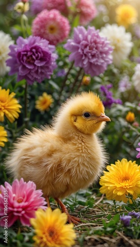 Easter chick on spring floral background.