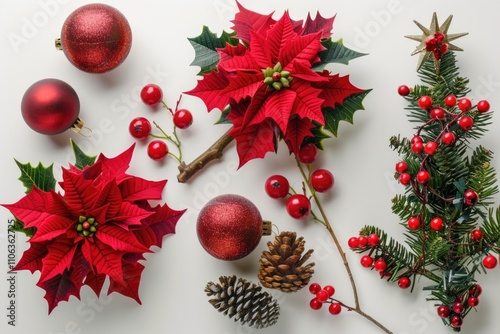 Christmas decorations on a white table with red and green elements