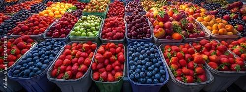 A vibrant display of fresh berries at an outdoor farmers' market, with strawberries, blueberries, and cherries neatly arranged in rows on boxes