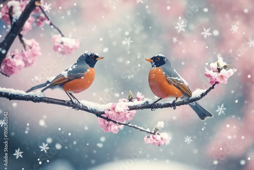 Robins on a cherry tree branch in winter, with delicate snowflakes gently falling.