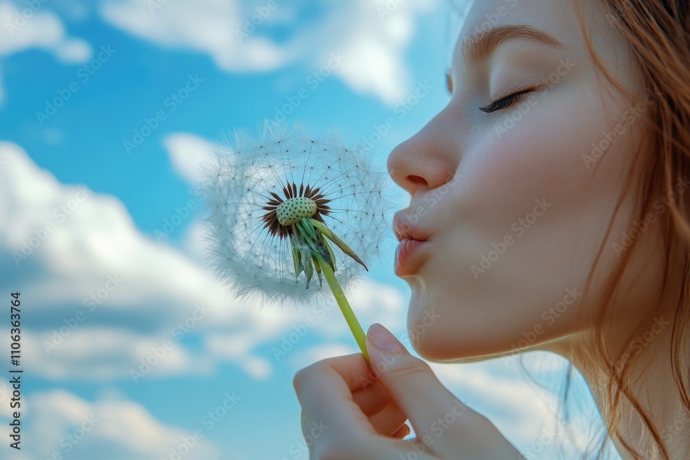 A woman gently blowing a dandelion seed into the air on a windy day A woman gently blowing a dandelion seed into the air on a windy day