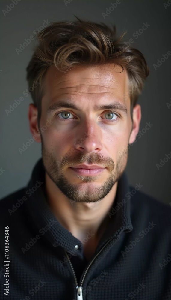 A young man from Russia gazes directly at the viewer with striking blue eyes. Tousled hair and relaxed expression. Introspection and tranquility. Portrait of a handsome man of 30 years. Generative AI