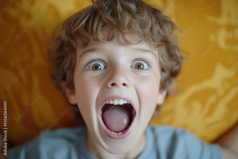 A young boy with an open mouth, possibly shocked or surprised by something A young boy with an open mouth, possibly shocked or surprised by something