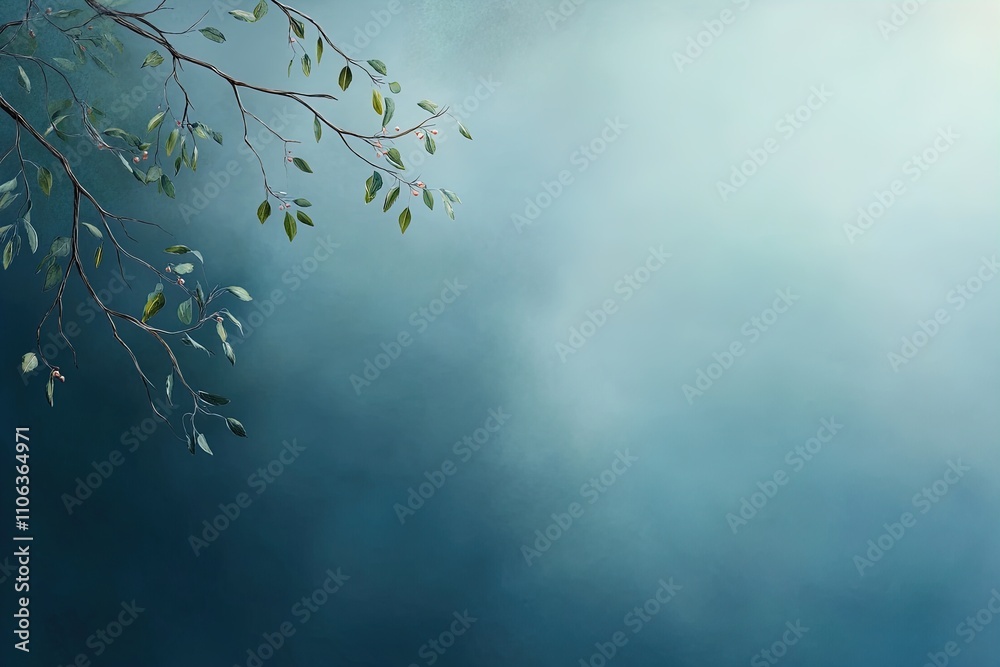 Natural branch with green leaves against a calm blue background in a tranquil setting Natural branch with green leaves against a calm blue background in a tranquil setting