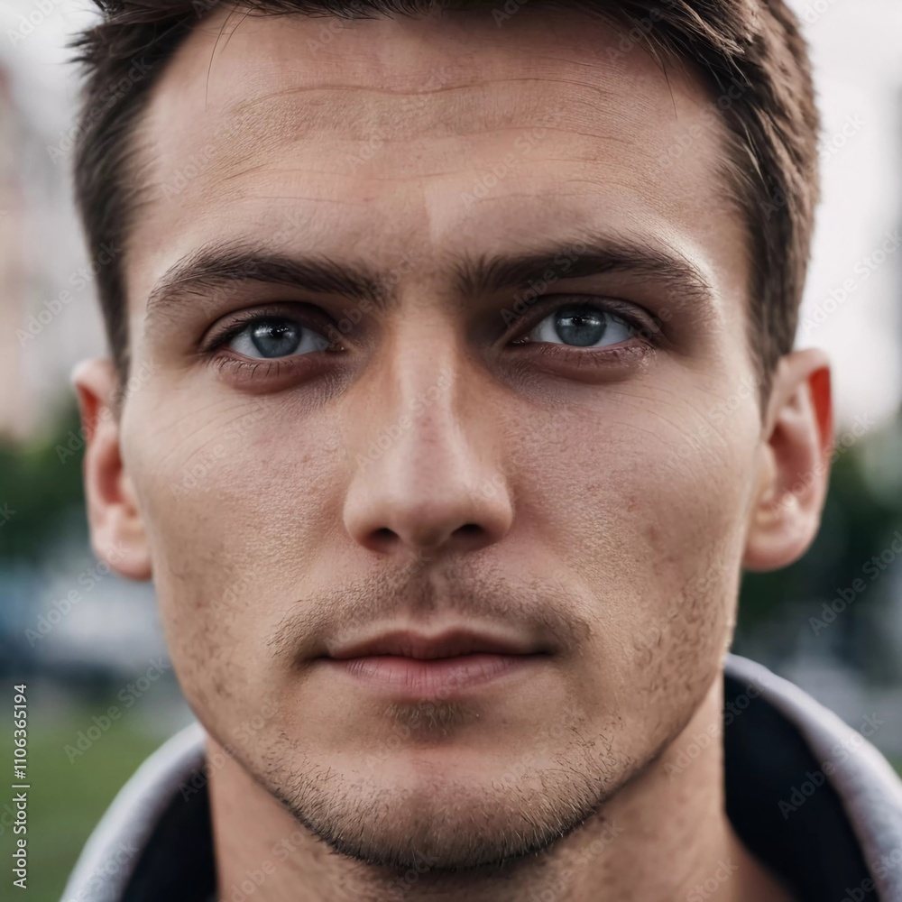 Obraz premium A young man from Russia gazes directly at the viewer with striking blue eyes. Tousled hair and relaxed expression. Introspection and tranquility. Portrait of a handsome man of 30 years. Generative AI