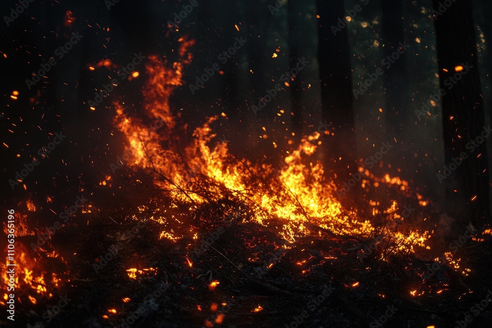 A raging fire in the midst of a dense forest, with flames and smoke filling the air