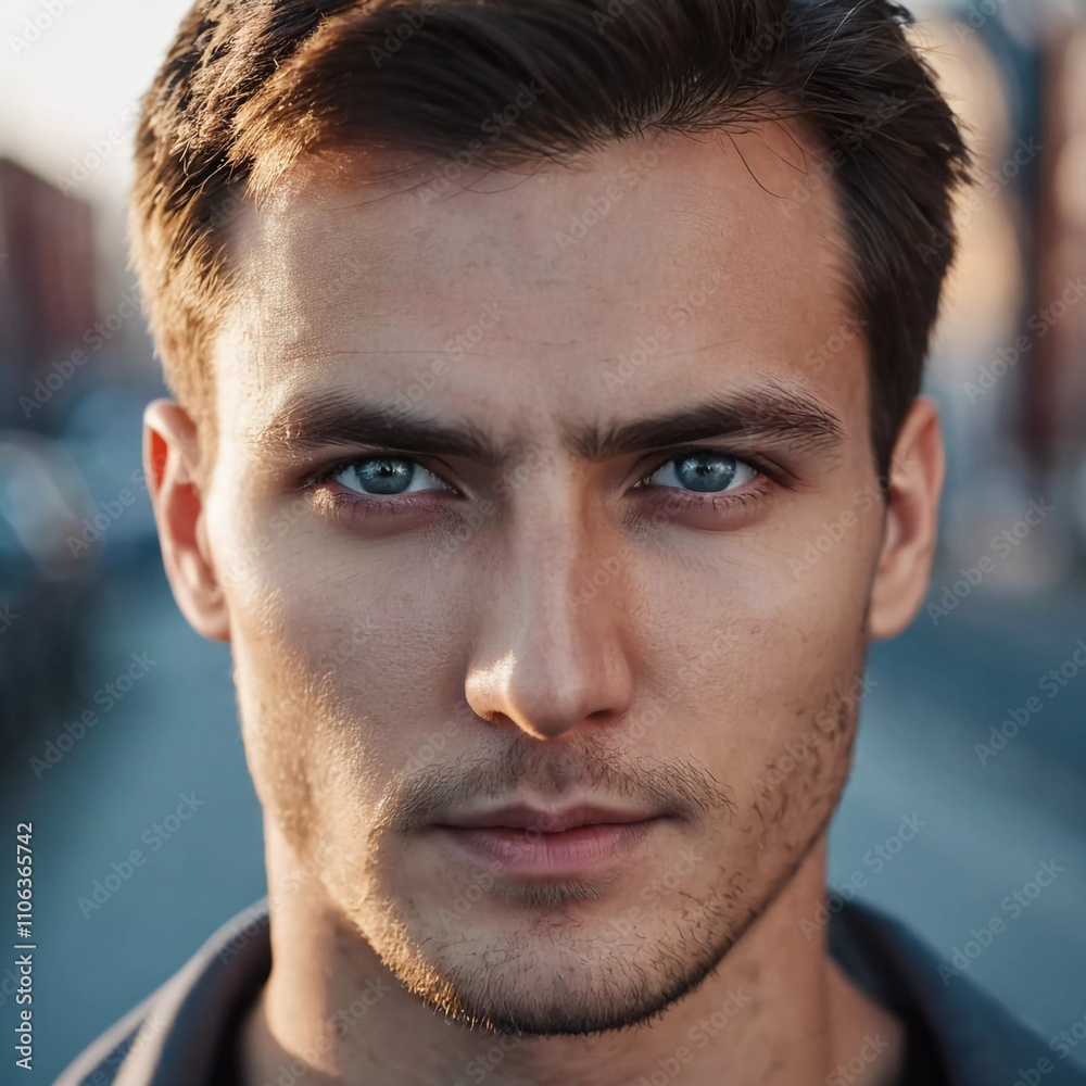 Obraz premium A young man from Russia gazes directly at the viewer with striking blue eyes. Tousled hair and relaxed expression. Introspection and tranquility. Portrait of a handsome man of 30 years. Generative AI