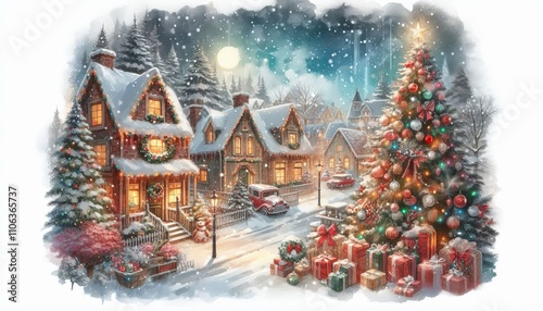 Christmas scene with a tree and houses