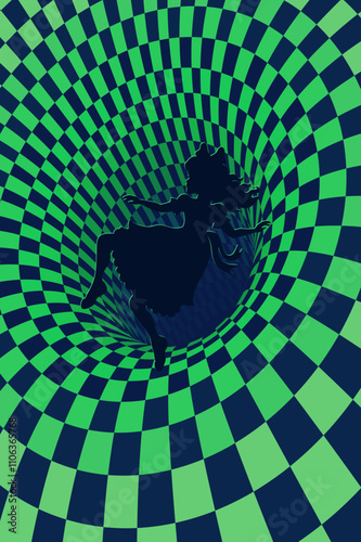 Alice falls down the rabbit hole . Surreal chess background