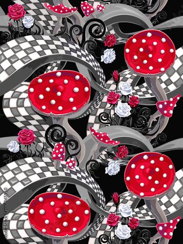 surreal wonderland background with a maze road, roses, mushrooms.. Seamless pattern. Texture for fabric, wrapping, wallpaper. Decorative print. Vector illustration