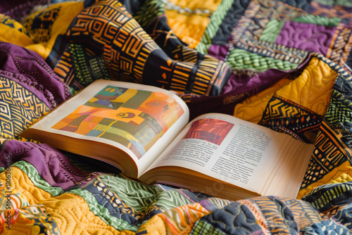 Kwanzaa literature near colorful african patchwork. photo