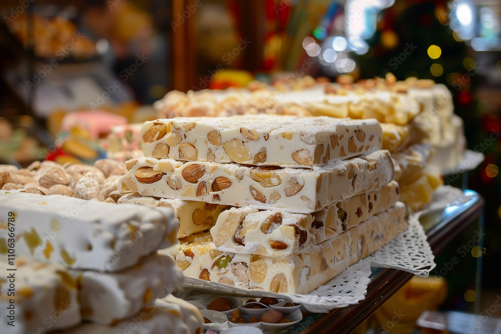 Torrone - italian christmas dessert. Nougat with almond.