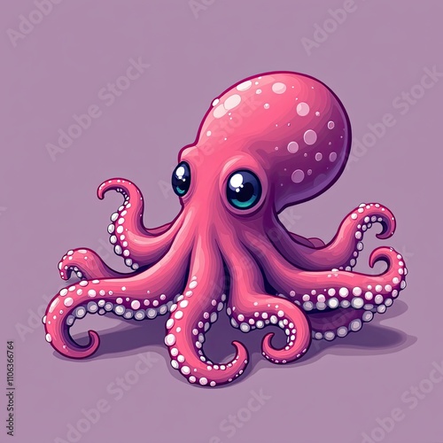 Pink cartoon octopus with large eyes, whimsical and playful design, lavender background, fun illustration for children.  
 photo