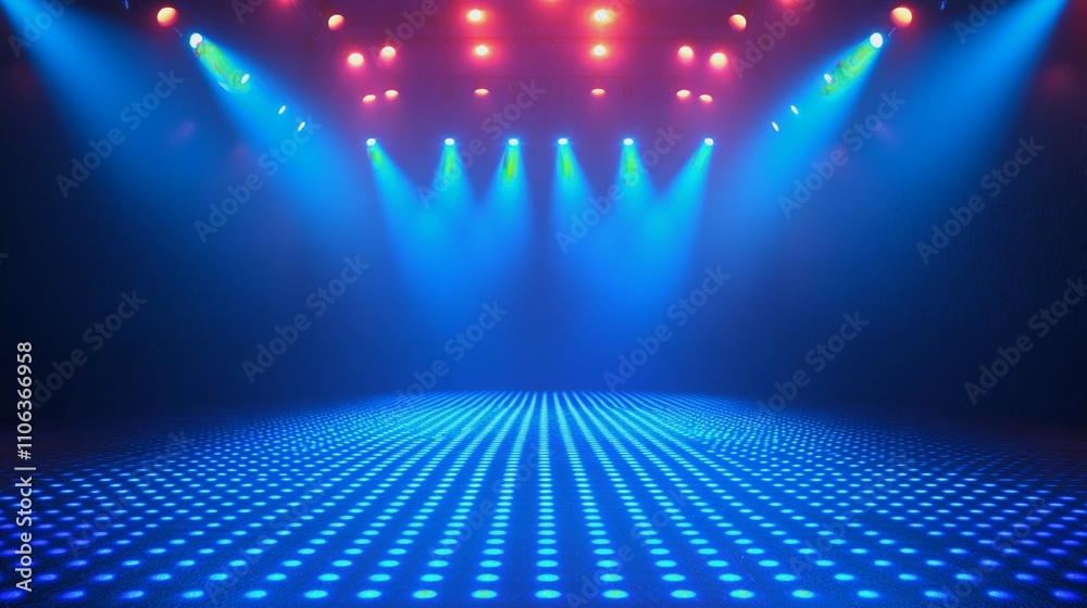 Obraz premium Bright blue LED lights illuminate the stage during an evening event at a concert venue, creating a vibrant atmosphere, copy space for text, music advertising, nightclub advertisement