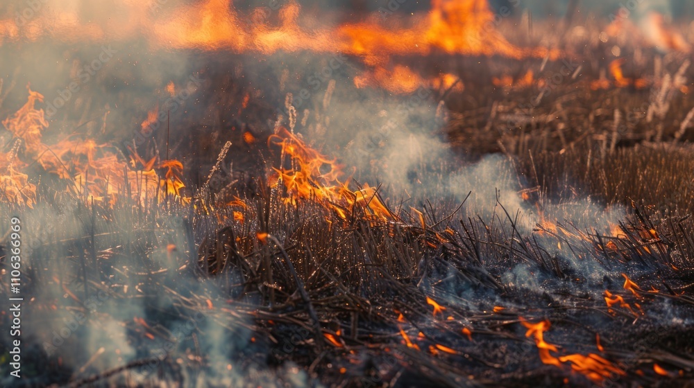 A fire burning in the middle of an open field, with flames and smoke visible A fire burning in the middle of an open field, with flames and smoke visible