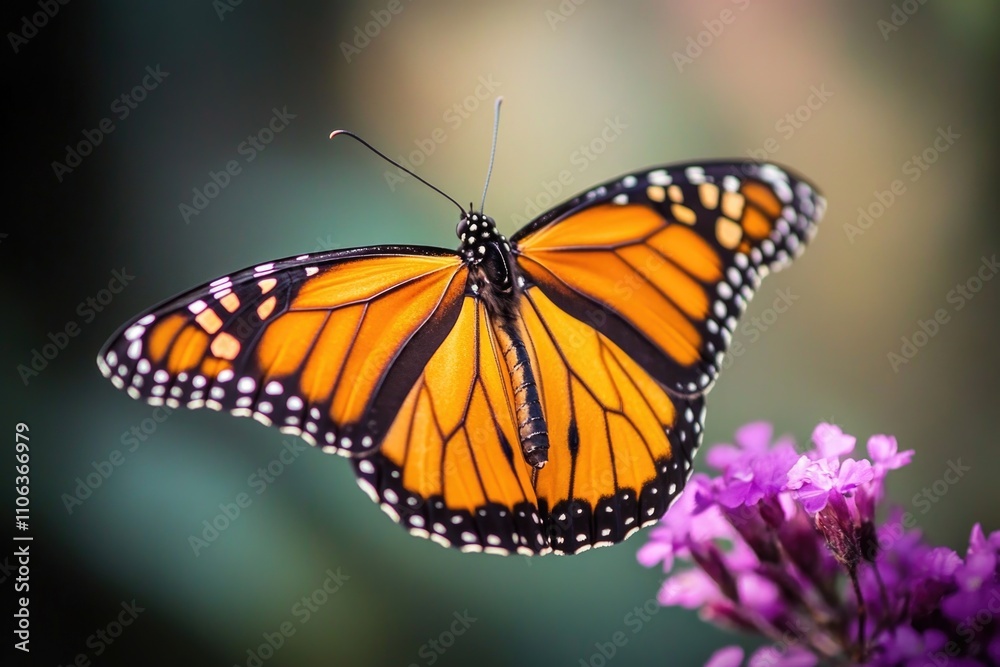 A monarch butterfly sits on a purple flower, showcasing its iconic orange and black wings A monarch butterfly sits on a purple flower, showcasing its iconic orange and black wings