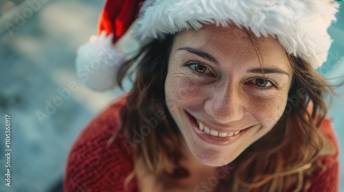 A woman wearing a Santa hat smiles for the camera, perfect for holiday marketing or festive events photo