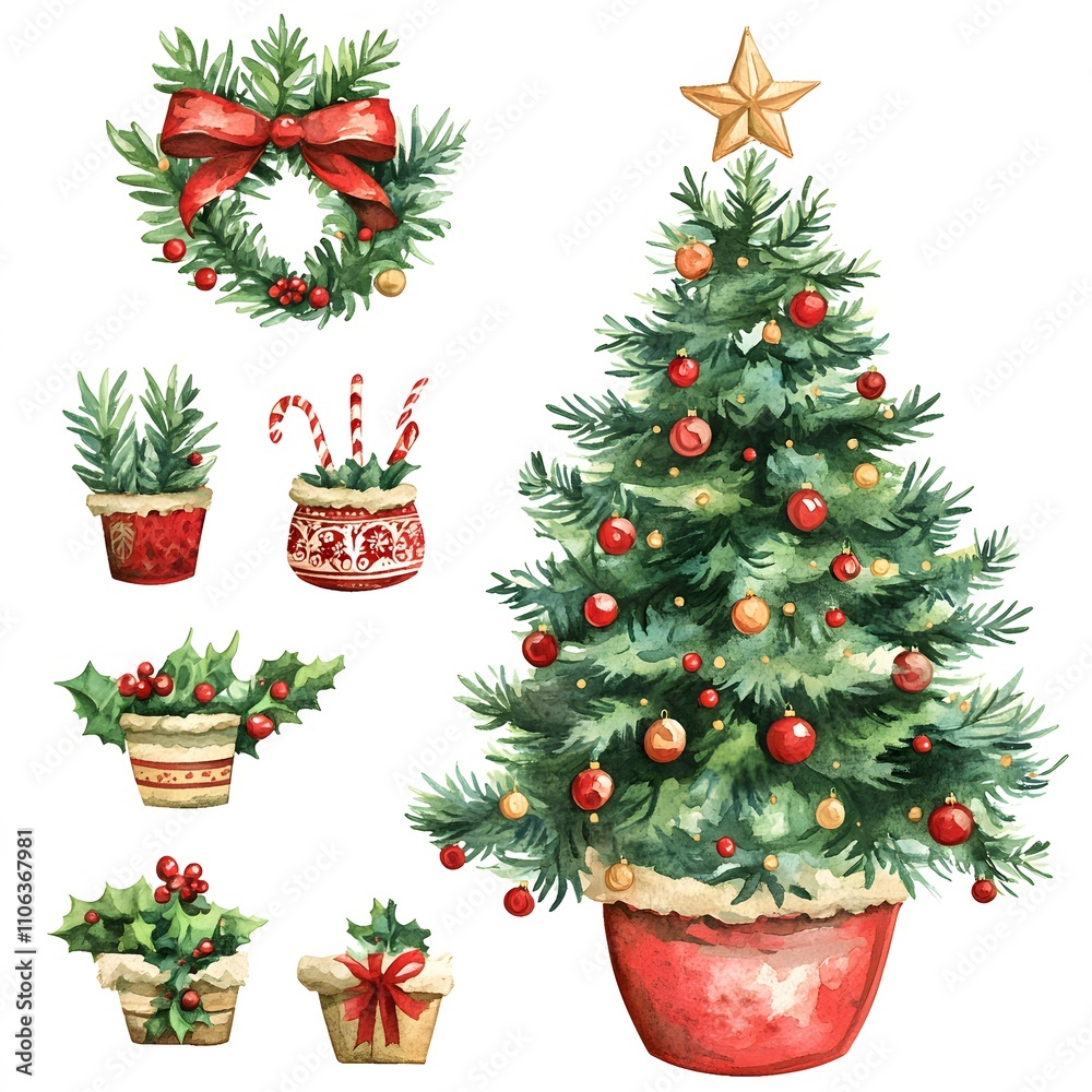 Watercolor potted Christmas tree illustration Watercolor potted Christmas tree illustration