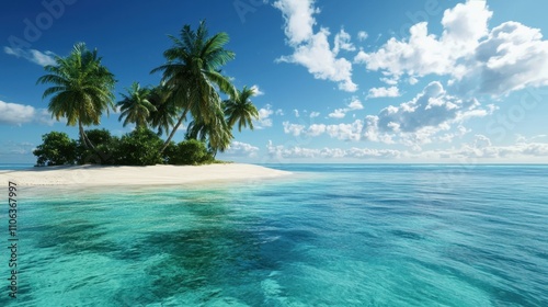 A beautiful blue ocean with palm trees on a sandy beach