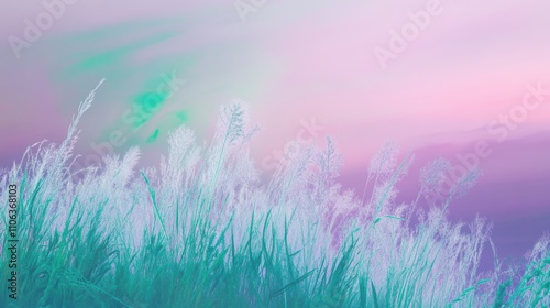 Wallpaper Mural Gentle wildflowers sway against vibrant pastel skies of lavender, pink, and green, evoking a serene meadow at dawn with soft colors blending into the horizon. Torontodigital.ca