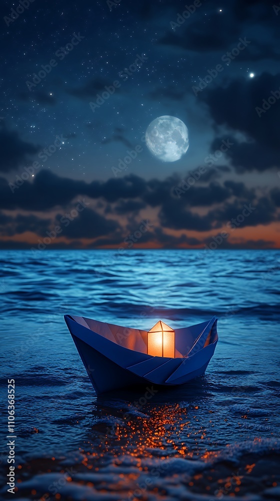 Fototapeta premium Blue paper boat glowing with lantern beach photos