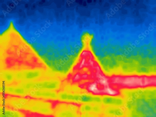 The camp of the northerners. Chum and wigwam (reindeer skin tent). Image from thermal imager device. photo