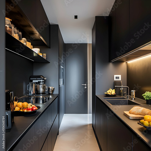 A compact galley kitchen with smart storage solutions and sleek black finishes . photo photo