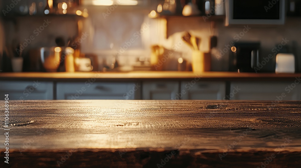 A smooth wooden table with a shiny surface, with a vintage kitchen blurred behind it, sunlight streaming through A smooth wooden table with a shiny surface, with a vintage kitchen blurred behind it, sunlight streaming through